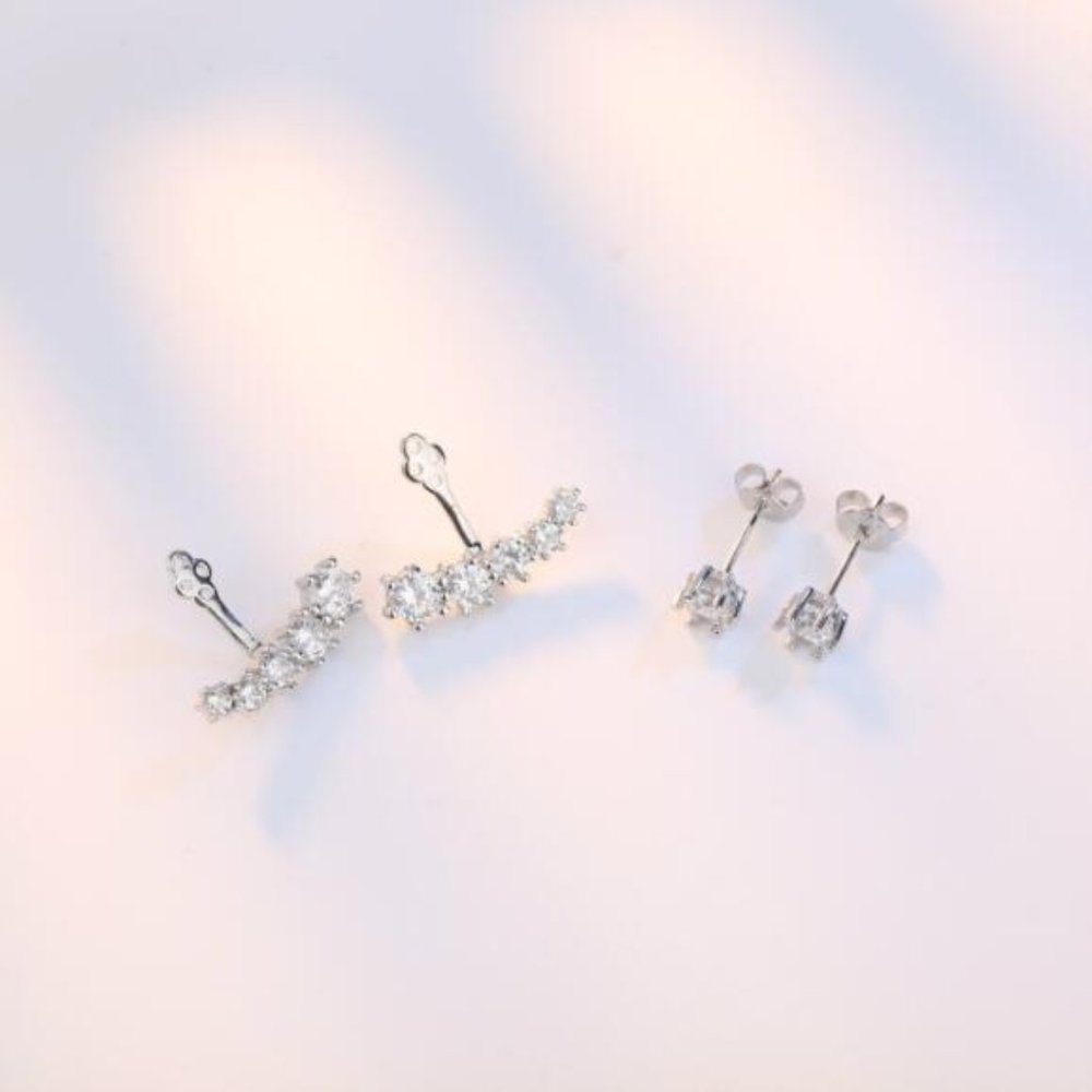 Silver Front Back Double Sided Cubic Zircon Stud Earrings - Picture 2 of 6